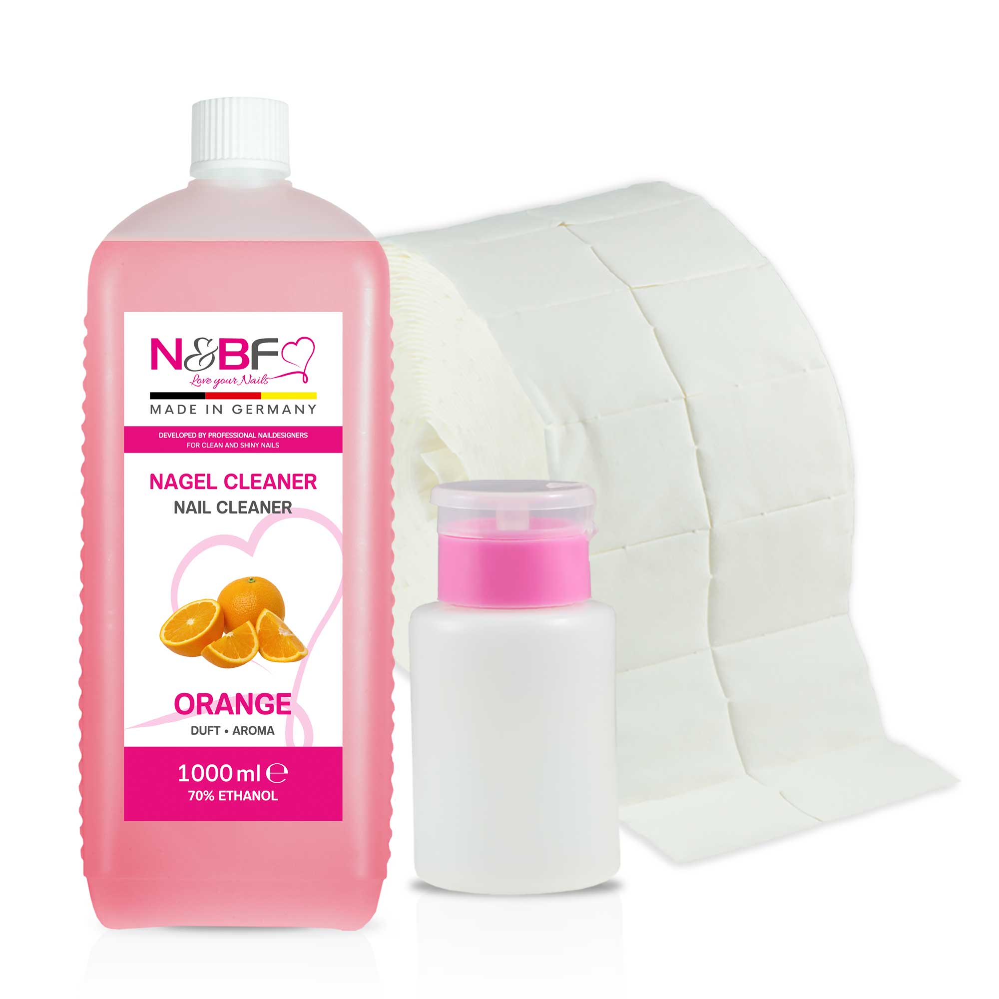 N&BF N&BF Nagel Cleaner all for one Orange 1000ml  +  Zelletten & Dispenser Rosa Produktbild