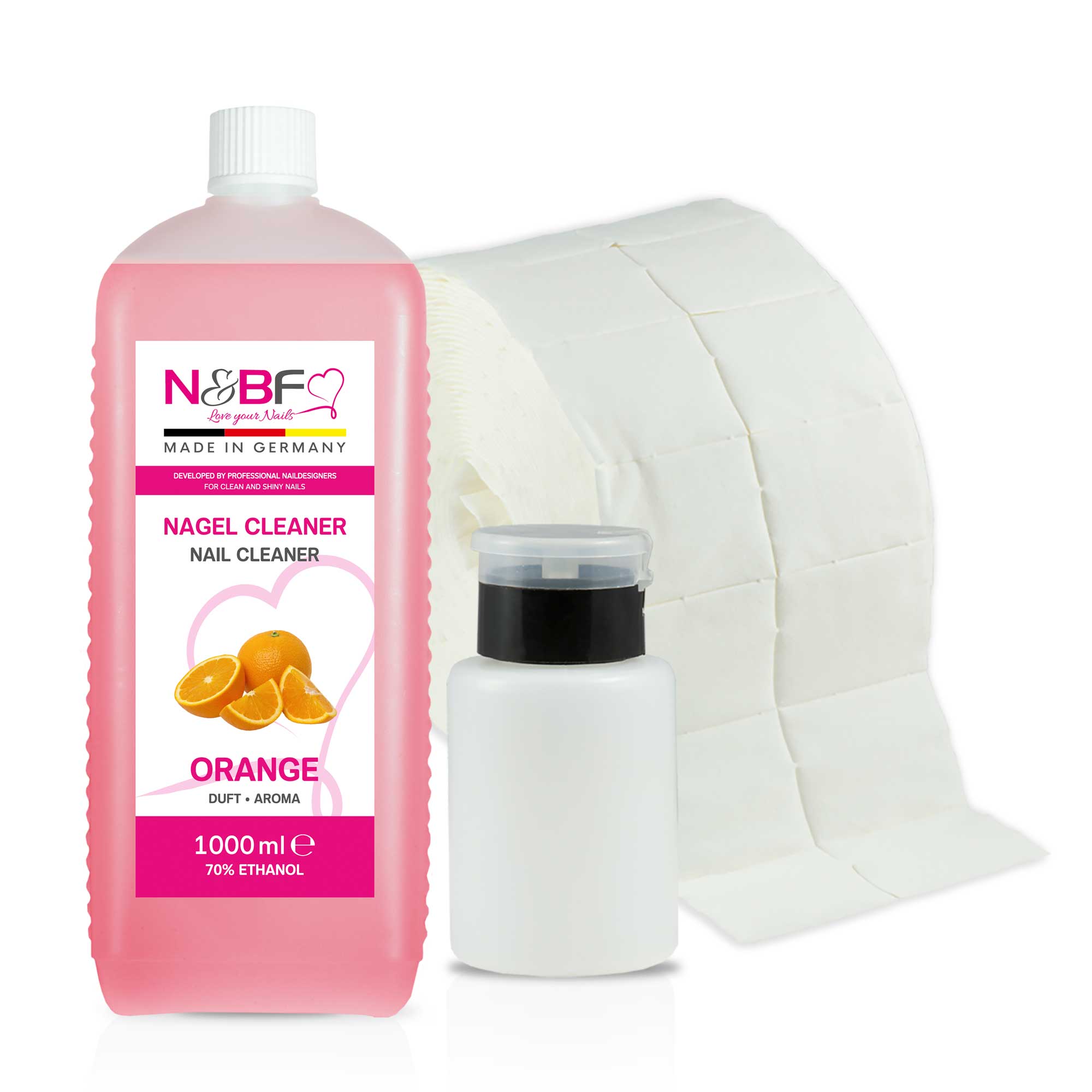 N&BF N&BF Nagel Cleaner all for one Orange 1000ml  +  Zelletten & Dispenser Rosa Anwendung und Zubehör