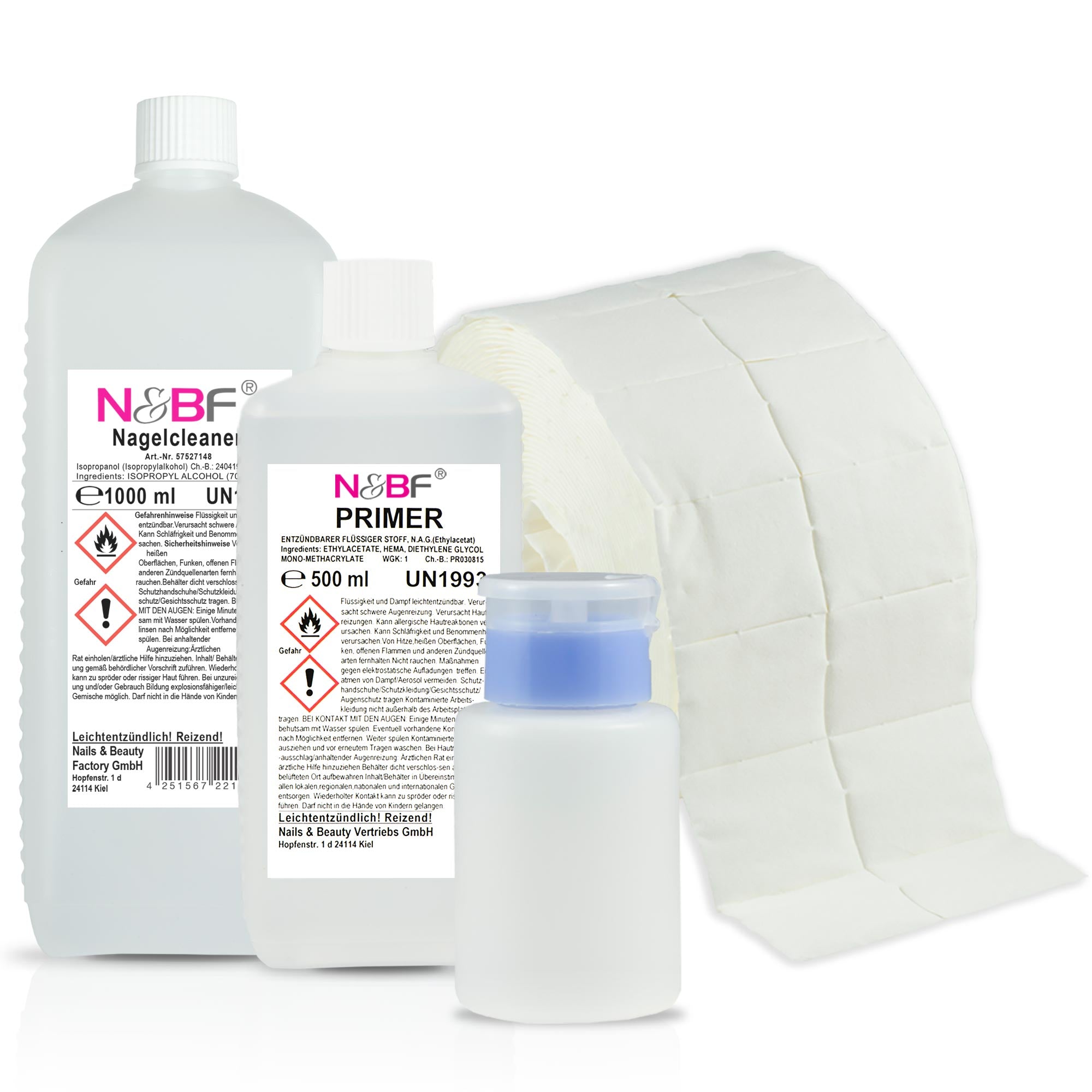 N&BF Nagel Cleaner 1000ml  +  Primer 500ml Dispsenser & Zelletten Set Produktbild