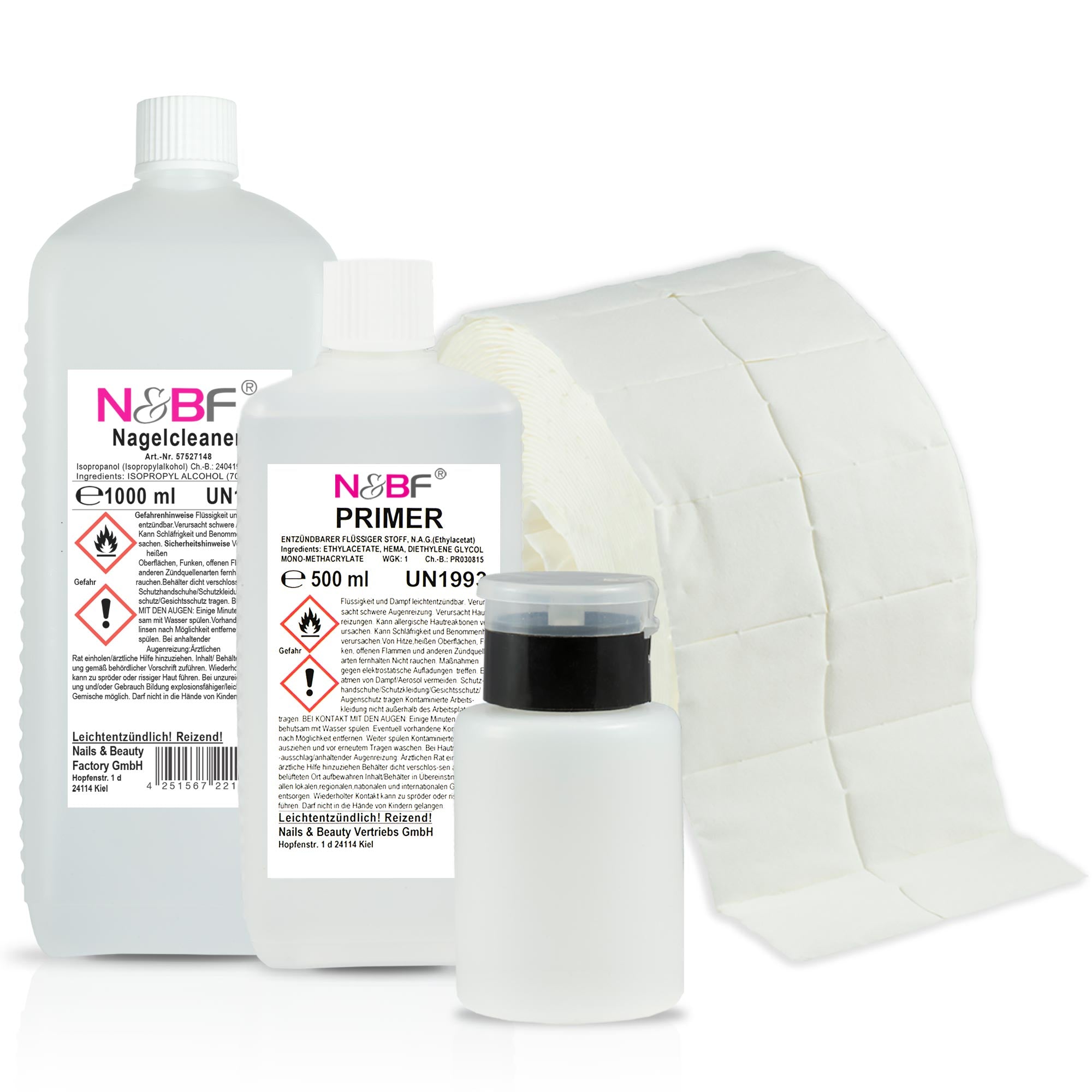 N&BF Nagel Cleaner 1000ml  +  Primer 500ml Dispsenser & Zelletten Set Anwendung und Zubehör