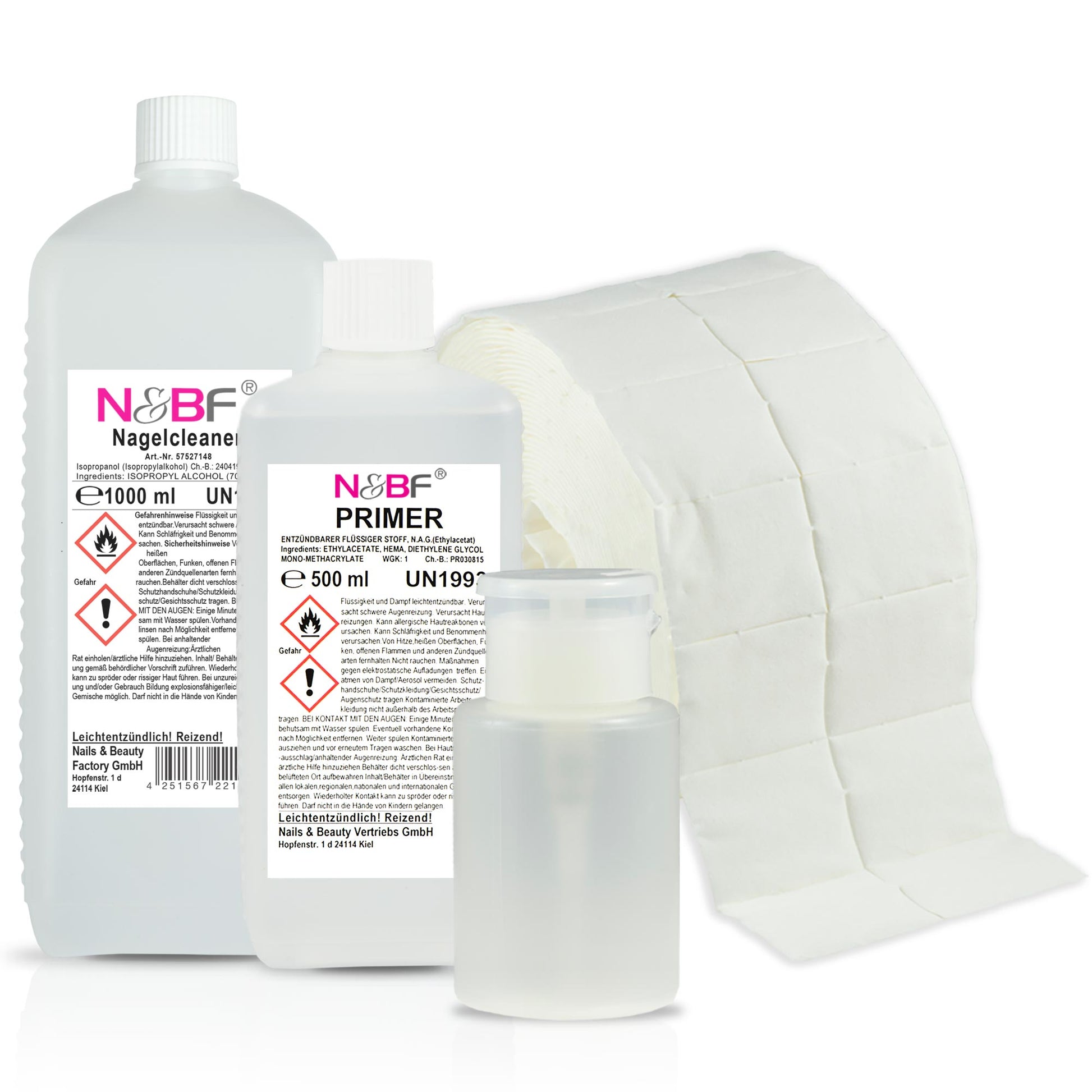 N&BF Nagel Cleaner 1000ml  +  Primer 500ml Dispsenser & Zelletten Set Anwendung und Zubehör