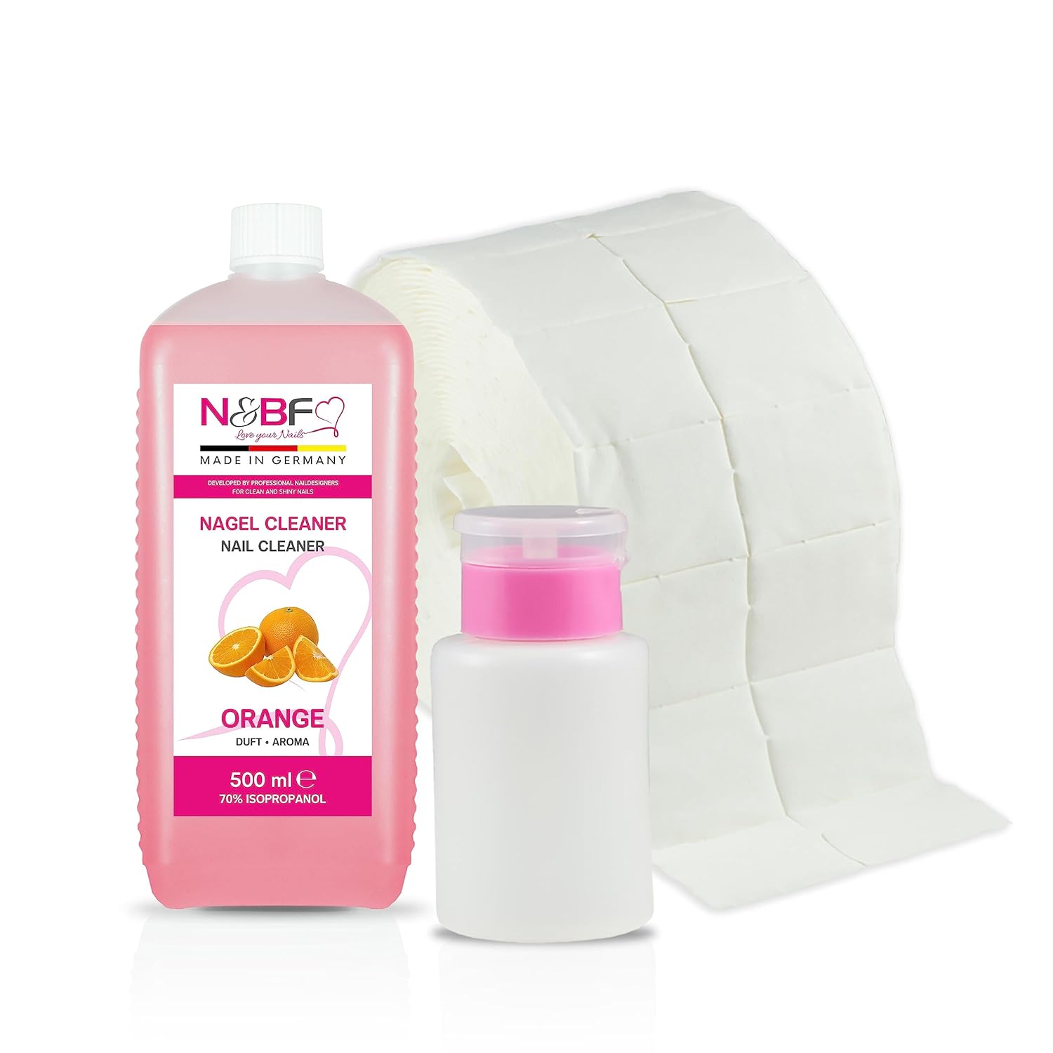 N&BF Nagel Cleaner Orange Duft 500ml  +  Zellettenrolle 1000 Stück & Dispenser Rosa Produktbild