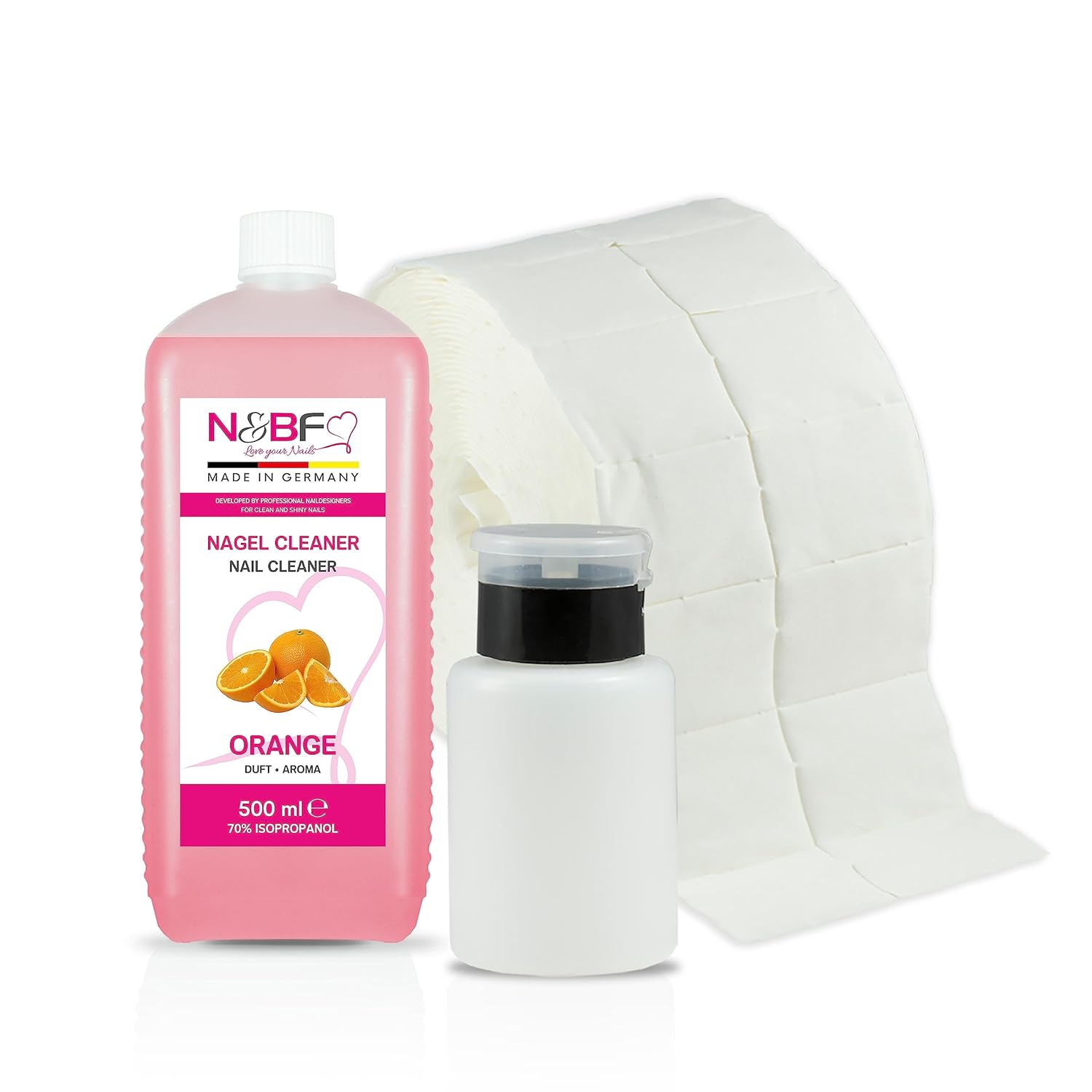 N&BF Nagel Cleaner Orange Duft 500ml  +  Zellettenrolle 1000 Stück & Dispenser Rosa Anwendung und Zubehör
