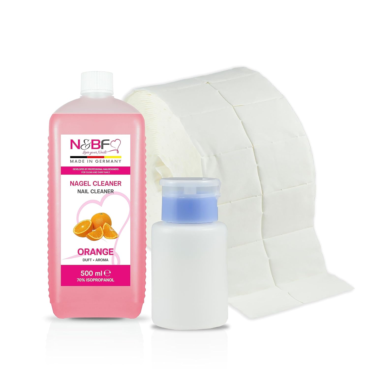 N&BF Nagel Cleaner Orange Duft 500ml  +  Zellettenrolle 1000 Stück & Dispenser Rosa Anwendung und Zubehör