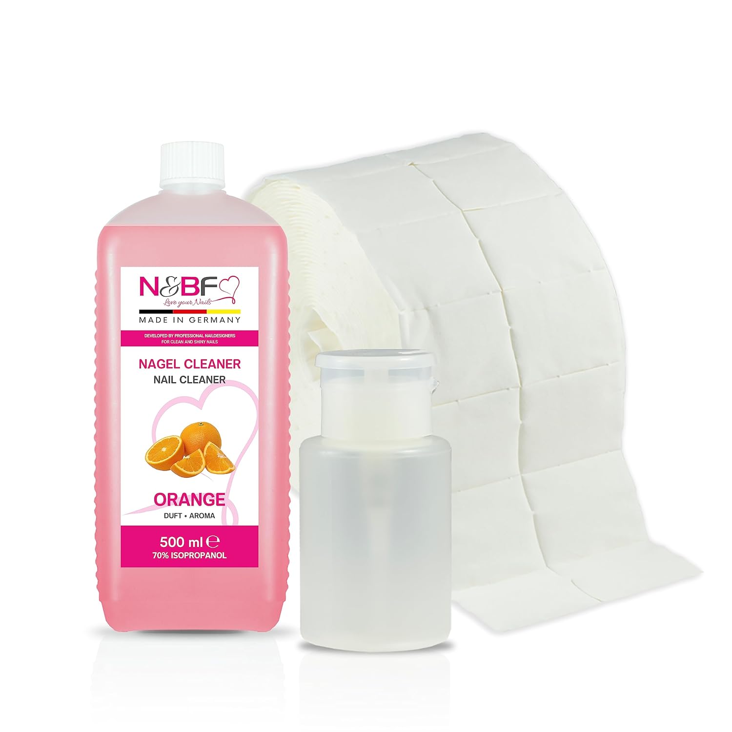 N&BF Nagel Cleaner Orange Duft 500ml  +  Zellettenrolle 1000 Stück & Dispenser Rosa Anwendung und Zubehör