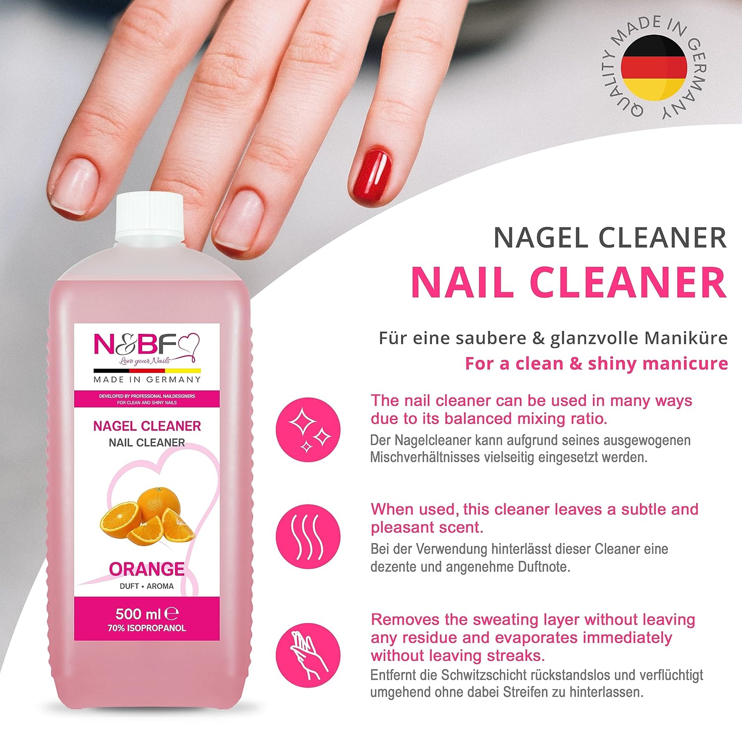 N&BF Nagel Cleaner Orange Duft 500ml  +  Zellettenrolle 1000 Stück & Dispenser Rosa Dispenser Detail