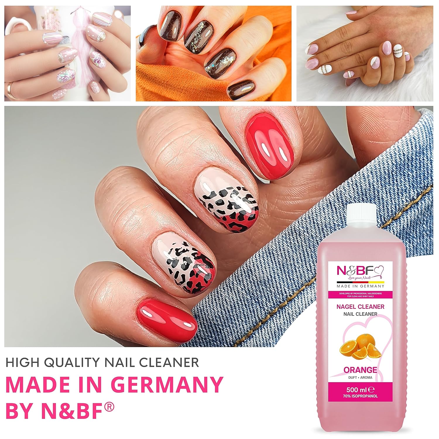 N&BF Nagel Cleaner Orange Duft 500ml  +  Zellettenrolle 1000 Stück & Dispenser Rosa Anwendung und Zubehör