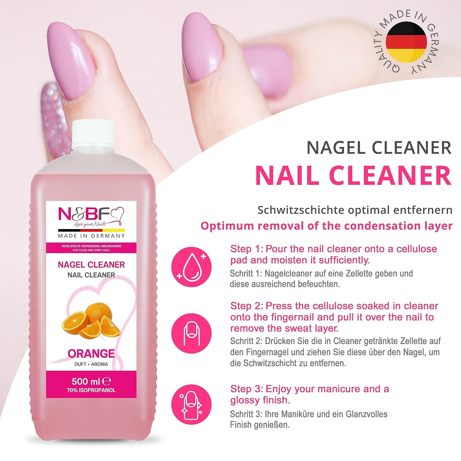 N&BF Nagel Cleaner Orange Duft 500ml  +  Zellettenrolle 1000 Stück & Dispenser Rosa Anwendung und Zubehör