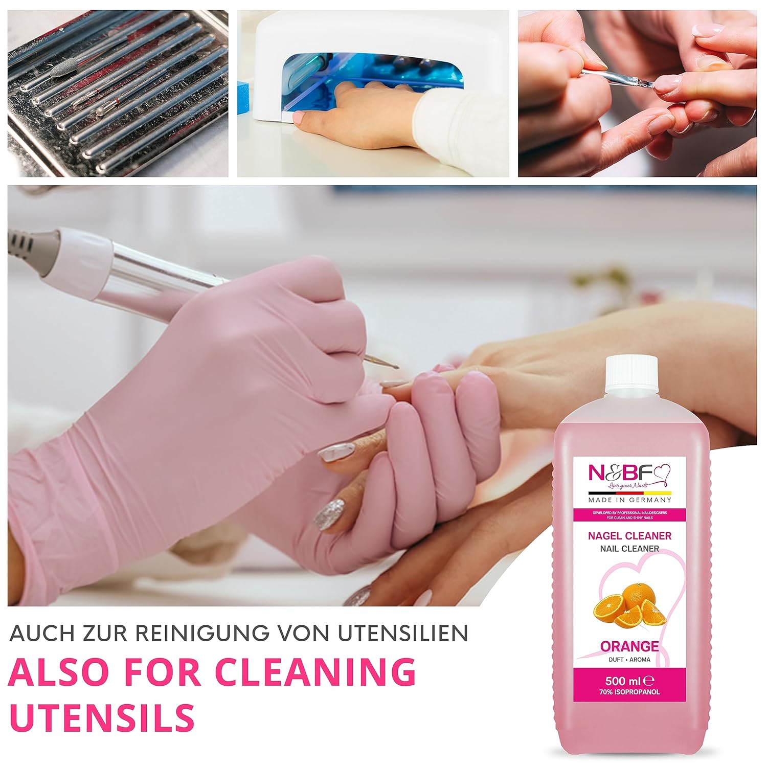 N&BF Nagel Cleaner Orange Duft 500ml  +  Zellettenrolle 1000 Stück & Dispenser Rosa Anwendung und Zubehör