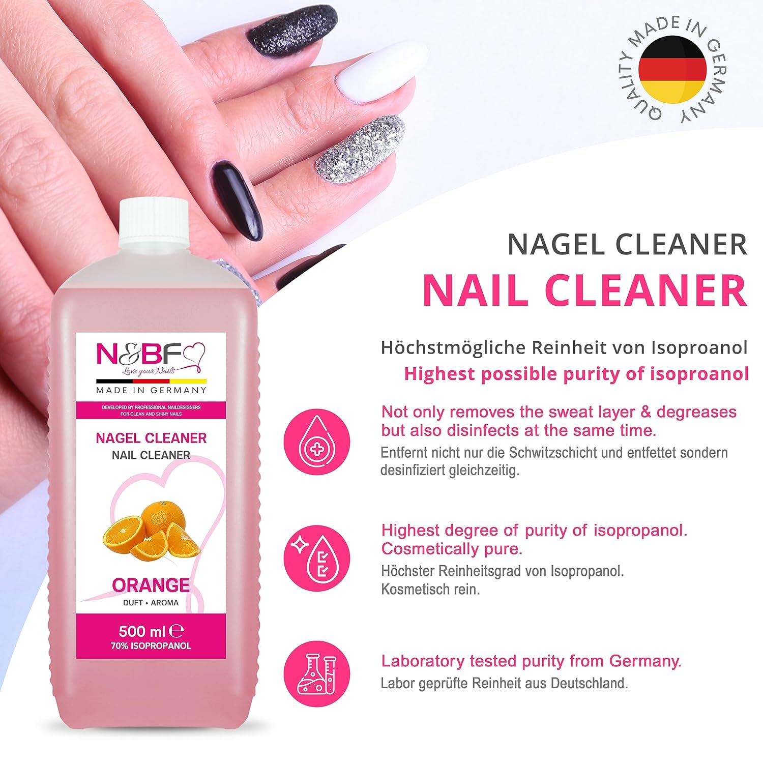 N&BF Nagel Cleaner Orange Duft 500ml  +  Zellettenrolle 1000 Stück & Dispenser Rosa Anwendung und Zubehör